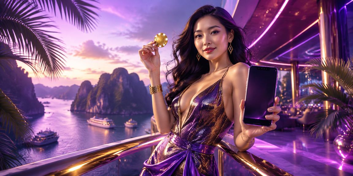 Ánh đèn neon phản chiếu trên vịnh Hạ Long – người dùng truy cập rinn99 trên điện thoại vào buổi tối